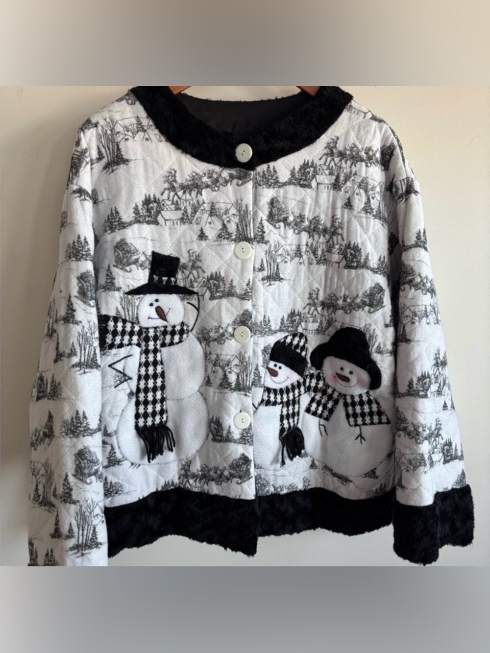 Vintage Quilted Toile Blazer Jacket Black and White Winter Snowmen